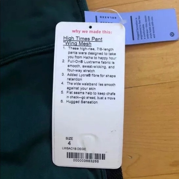NWT Retired style 2016 Lululemon High Times Pant *Wing Mesh Deep Green Size 4 - Picture 5 of 5